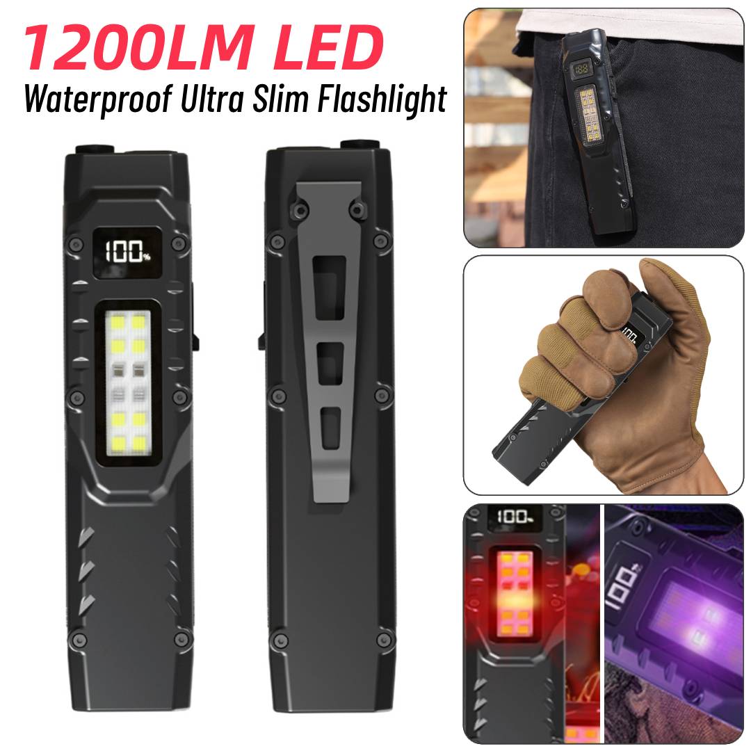 Outdoor Lighting Switch - ไฟฉาย LED บางเฉียบพร้อมคลิปหนีบปากกา 1200LM IPX44 ไฟฉายกันน้ำสวิตช์คู่แสงสีอเนกประสงค์ปิกนิกกลางแจ้ง
