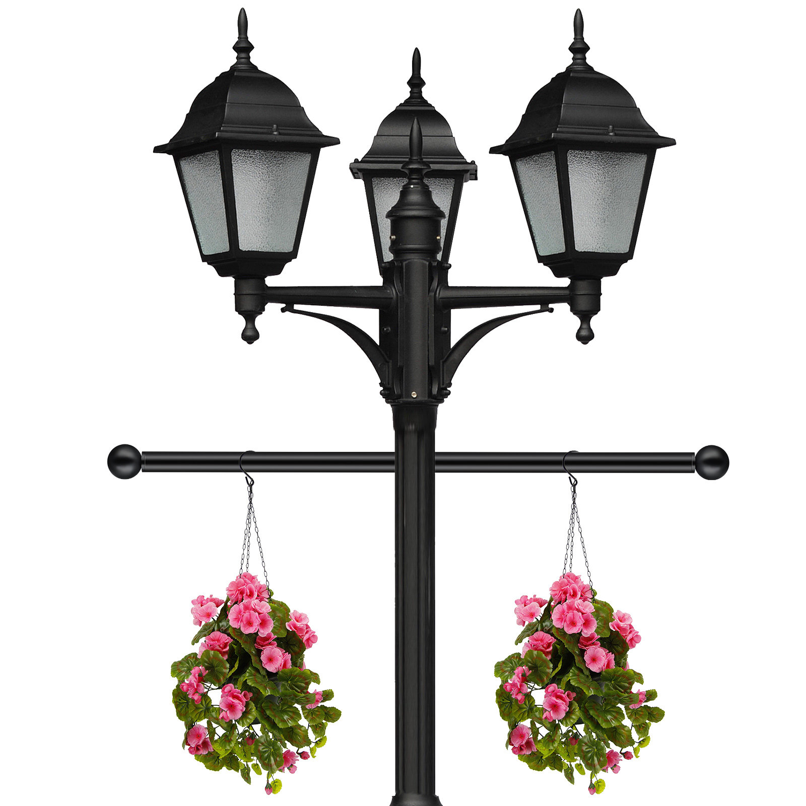 Outdoor Lighting Poles - เสาไฟกลางแจ้งพร้อมที่พักบันได แขนไขว้โลหะสีดำ ปรับระดับได้ แข็งแรง ทนทาน สำหรับเสาไฟสวน