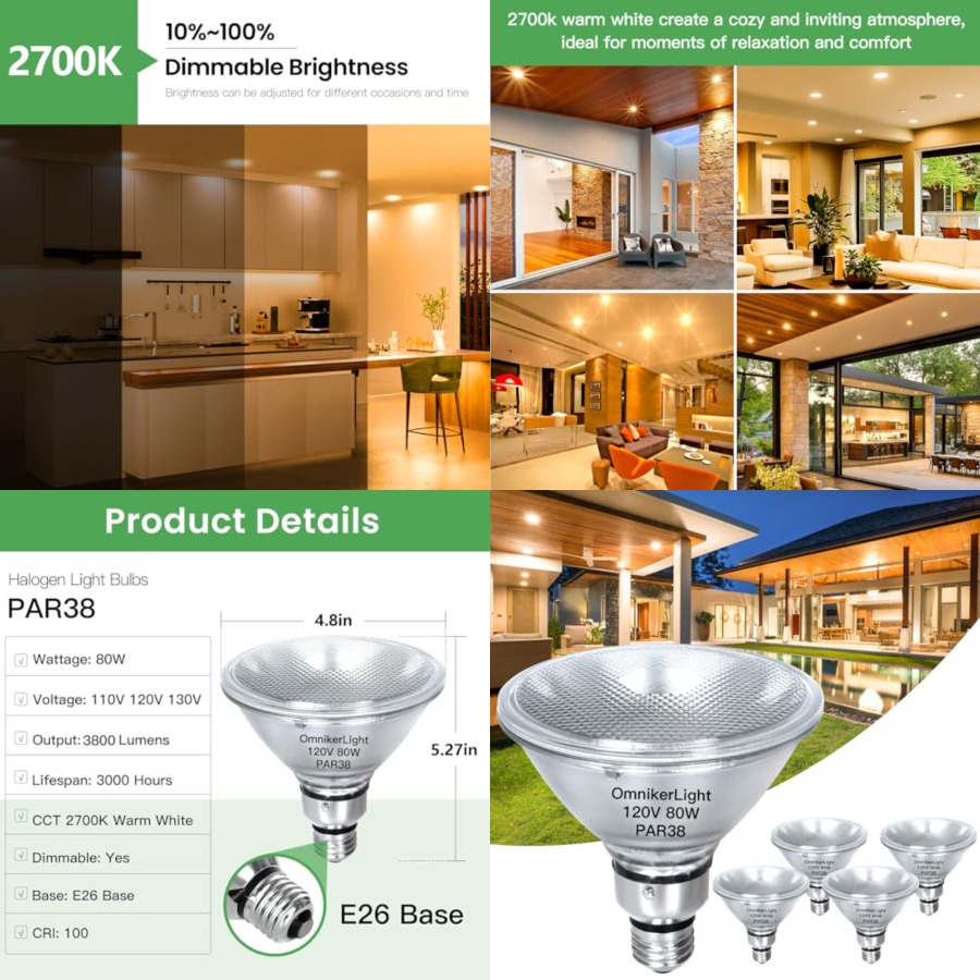 Outdoor Lighting Bulbs - หลอดไฟฟลัดไลท์ PAR38, หลอดฮาโลเจน 80W 120V ปรับความสว่างได้,